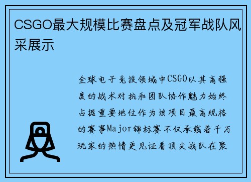 CSGO最大规模比赛盘点及冠军战队风采展示